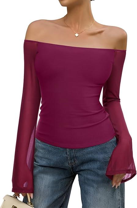 REORIA Off The Shoulder Tops for Women Tube Double Lined Mesh Going Out Shirts 2025 Fall Fashion Trendy Tops Wine Red Large