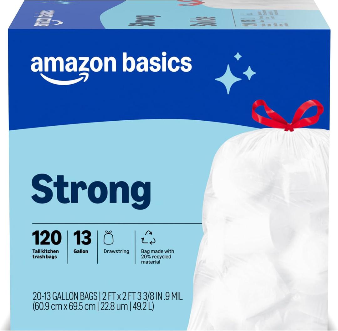 Amazon Basics Trash Bags, Tall Kitchen Drawstring, Unscented, 13 Gallon, 120 Count, Pack of 1