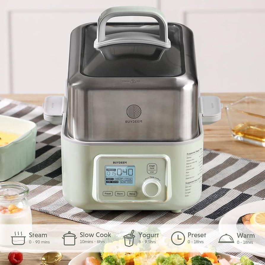 BUYDEEM G553 5.3Qt Electric Food Steamer, 18H Delay Timer, Dual Protection
One Touch, Quick Steam in 60s, Stainless Steel Steamer Tray & Glass Lid, Cozy Greenish, 1500W, Stew Pots Not Included