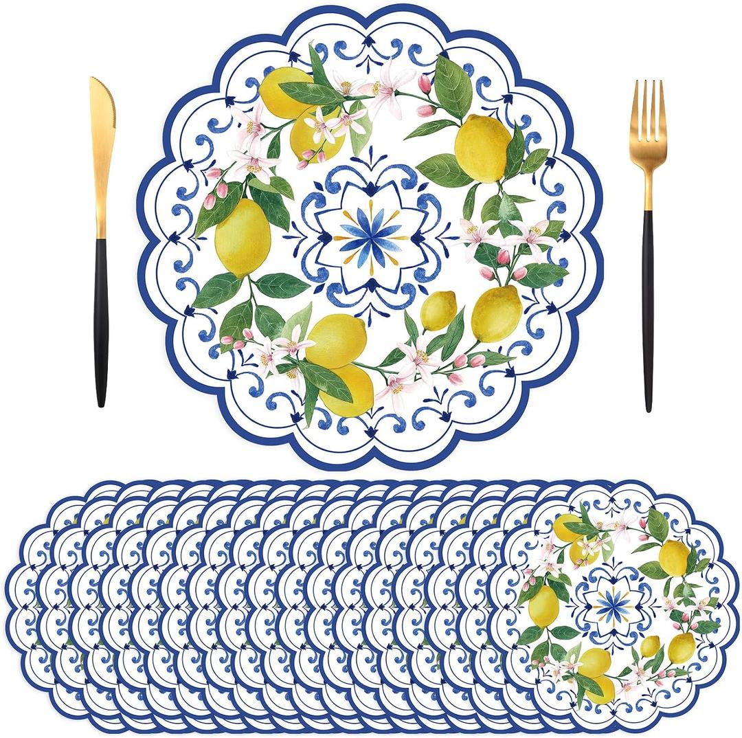 50PCS Lemon Paper Placemats Disposable,13.7 Inch Blue Chinoiserie Lemon Floral Placemat Round Place Mats Summer Table Mats for Home Kitchen Dinner Table Dining Party Decoration
