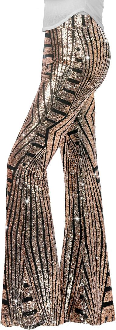 Nawgut Sequin Flare Pants Sparkly Glitter High Waisted Bell Bottom Trousers Disco Party Clubwear for Women (Medium, Coffee)