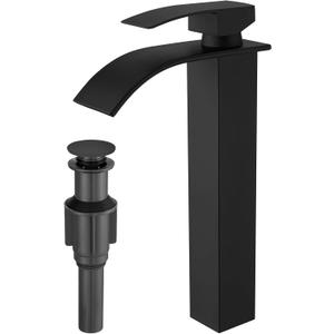 RUMOSE Tall Matte Black Bathroom Faucet with Pop Up Drain Modern Single Handle One Hole Bathroom Vessel Sink Faucet Waterfall Spout Rv Lavatory Vanity Faucet Deck Mount Mixer Tap, Stainless Steel