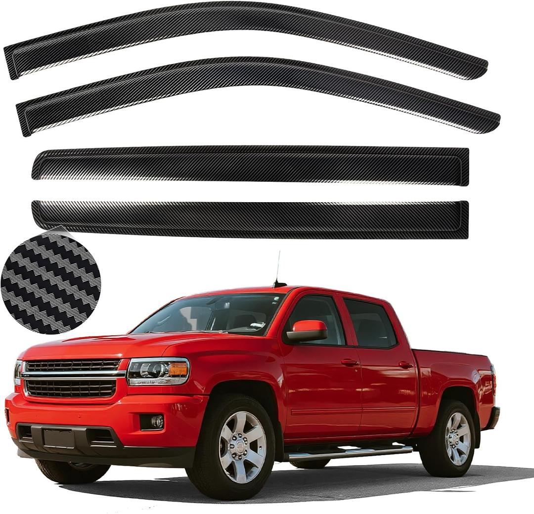 Out-Channel Window Rain Guards for Chevy Silverado/GMC Sierra 1500 2019-2025 Crew Cab - Carbon Fiber Pattern Window Deflectors Vent Visors for 2025 Silverado 1500, 4 Full-Size Doors