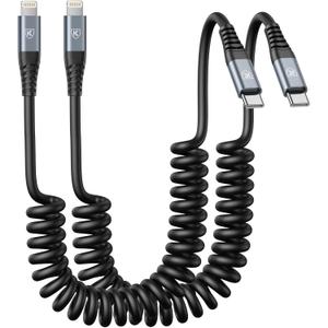 KIYODA USB Type C to Lightning Cable 6FT 2Pack, Coiled iPhone Charger Fast Charging for CarPaly Short USBC iPhone Cord for iPhone14/13/12/11 Pro Max/iPad/CarPlay-Black
