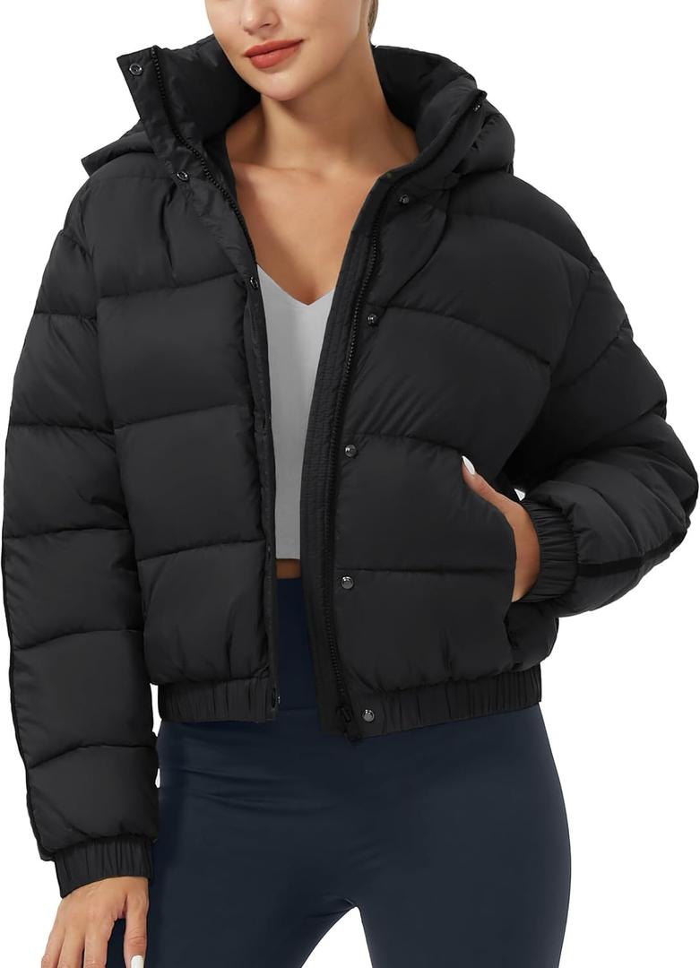 Pioneer Camp Women's Winter Cropped Puffer Jacket with Hood Waterproof Short Warm Quilted Jacket Puffy Bubble Coat Outerwear (Medium, Black)