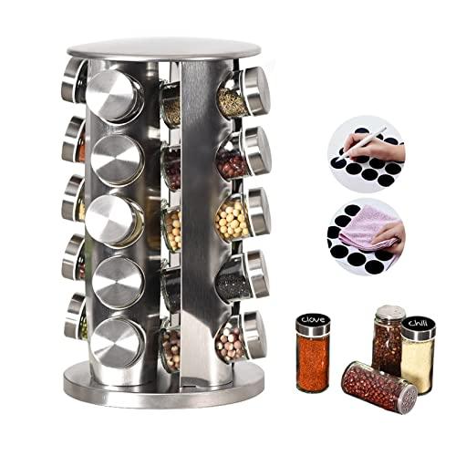 EBIZ&TECH 18-Jar Stainless Steel Rotating Spice Rack with Non-Slip Base - Kitchen Countertop Organizer for Easy Access and Storage of Spice (Sliver)