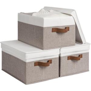 StorageWorks Fabric Storage Bins with Lids, Decorative Storage Bins with PU Handles, Foldable Storage Baskets for Closet, Shelves, Stackable and Sturdy Organization, Brown and White, Large, 3-Pack