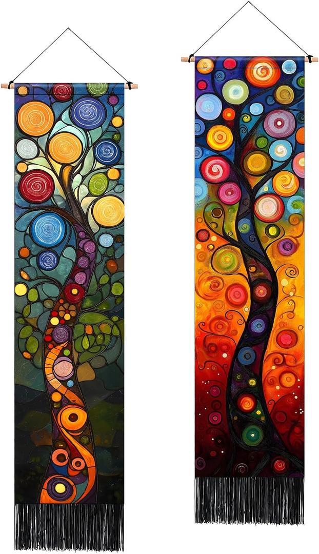 AOHMPT Pack of 2 Long Vertical Tapestry,Nature Landscape Tapestry with Serene Mountain River, Moon & Sun Motifs,Traditional Ink Painting Wall Art , Zen Aesthetic Wall Hanging for Living Room Bedroom Decor 13" W x 51" H" (Tree of Life)