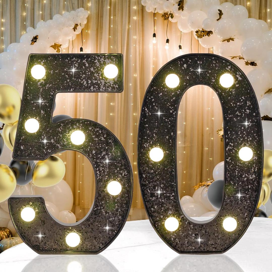 Glitter Black 50 LED Light Up Numbers for Birthday Party, 50th Birthday Decorations for Girls Boys, Decorative Marquee Number for 50 Wedding Anniversary