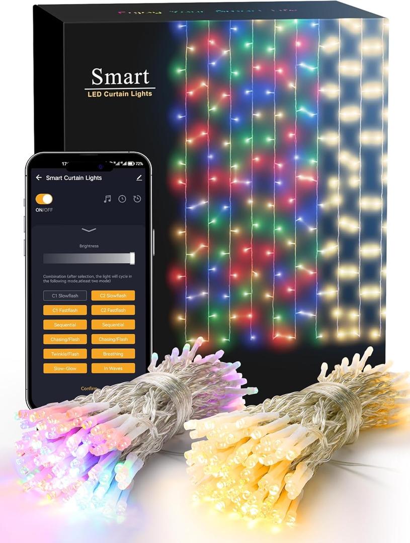 Brizled Smart Curtain Lights, 9.8FTx4.9FT 275 LED Warm White & Multicolor Color Changing String Lights, Dimmable App Control WiFi Window Christmas String Light for Bedroom Wall, Wedding, Party Decor