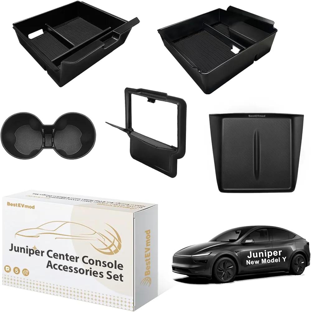 BestEvMod 5PCS Center Console Organizer Compatible with 2026 2025 Tesla New Model Y Juniper Accessories ABS Slide Smoothly Cup Holder Insert Wireless Charger Mat Silicone (Black)