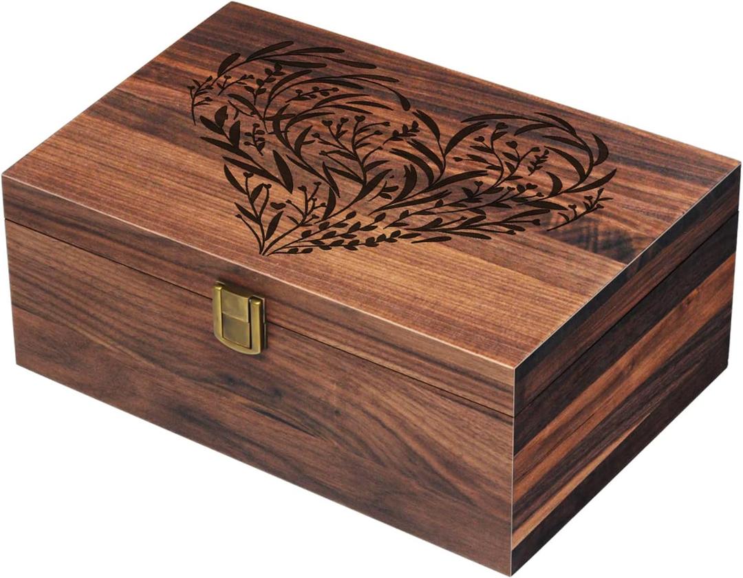 EXISTING Memory Box for Keepsakes, Floral Heart Laser Cut Wood Keepsake Memory Box, Large Wooden Storage Box with Hinged Lid, Keepsake Boxes Gift for Wedding, Valentines Day Anniversary Baby Shower (9.8"L x 7.8"W x 4.1"H, Black brown)
