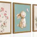 Watercolor Bunny Floral Wall Art Cute Animal Wall Decor for Nursery Kids Room, 3 Piece Art Prints with Wood Frames, 12x16 Inches Each, Wood Framed Easy to Hang, 16L" x 12W"