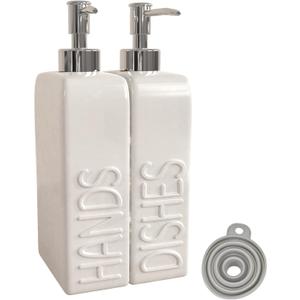 Soap Dispenser Set with Stainless Steel Pump, 2 Pack Ceramic Refillable Dish Soap and Hand Soap Dispenser for Kitchen, Bathroom, Matte White