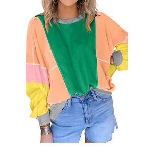 KevaMolly Womens Long Sleeve Tops Dark Green Colorblock Patchwork Exposed Stitching Oversize Top Round Neck Casual Colorblock Pullover L (L)