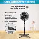 Comfort Zone Stand Fan, 16 inch Pedestal Fan for Bedroom, 3 Speed Floor Fan, 90 Degree Oscillation, Adjustable Height, Adjustable Tilt, Oscillating Air Circulator, Quiet Fan for Home or Office, Black