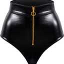 Women Faux Leather Brief High-Waist Panty with Front-Open Zipper (Black, XL)