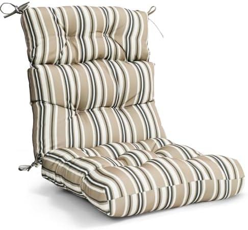 EAGLE PEAK Tufted Outdoor/Indoor High Back Patio Chair Cushion, Set of 2, 46'' x 22'', Beige Stripes