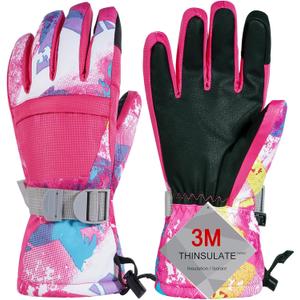 Pnosnesy Ski Gloves, Warmest Waterproof and Breathable Snow Gloves for Cold Weather, Fits Both Men & Women,for Parent Child Outdoor (XXS(Fit Kids 4-6 Years), Rose Red)