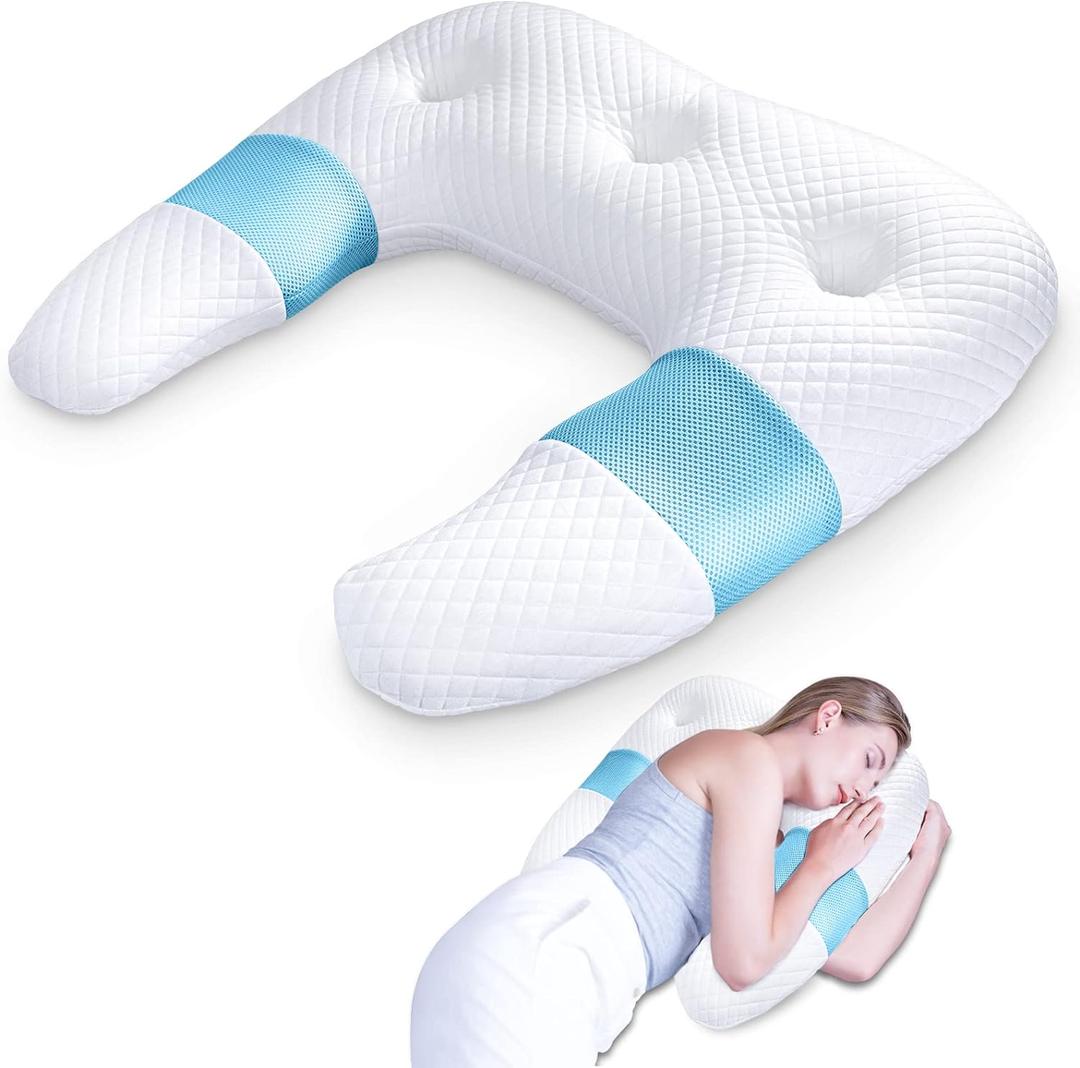 SAHEYER Side Sleeper Pillows for Adults, U Shaped Body Pillow for Pain Relief, Orthopedic Memory Foam Shoulder Pillow for Side,Stomach, Back, Arm with Removable Washable Cover (Upgraded Version), Blue (25.59x 23.93x4.72/2.36 inch), White