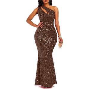 VERWIN Sequins Fashion Sleeveless Oblique Collar Mermaid Women's Maxi Dress Bodycon Dress Party Dress (Large, Brown)