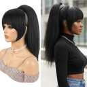 Yaki Drawstring Ponytail Extension with Bangs Natural Looking Ponytail Wig for Black Women Clip in Ponytail Hairpiece for Daily and Party(1B)