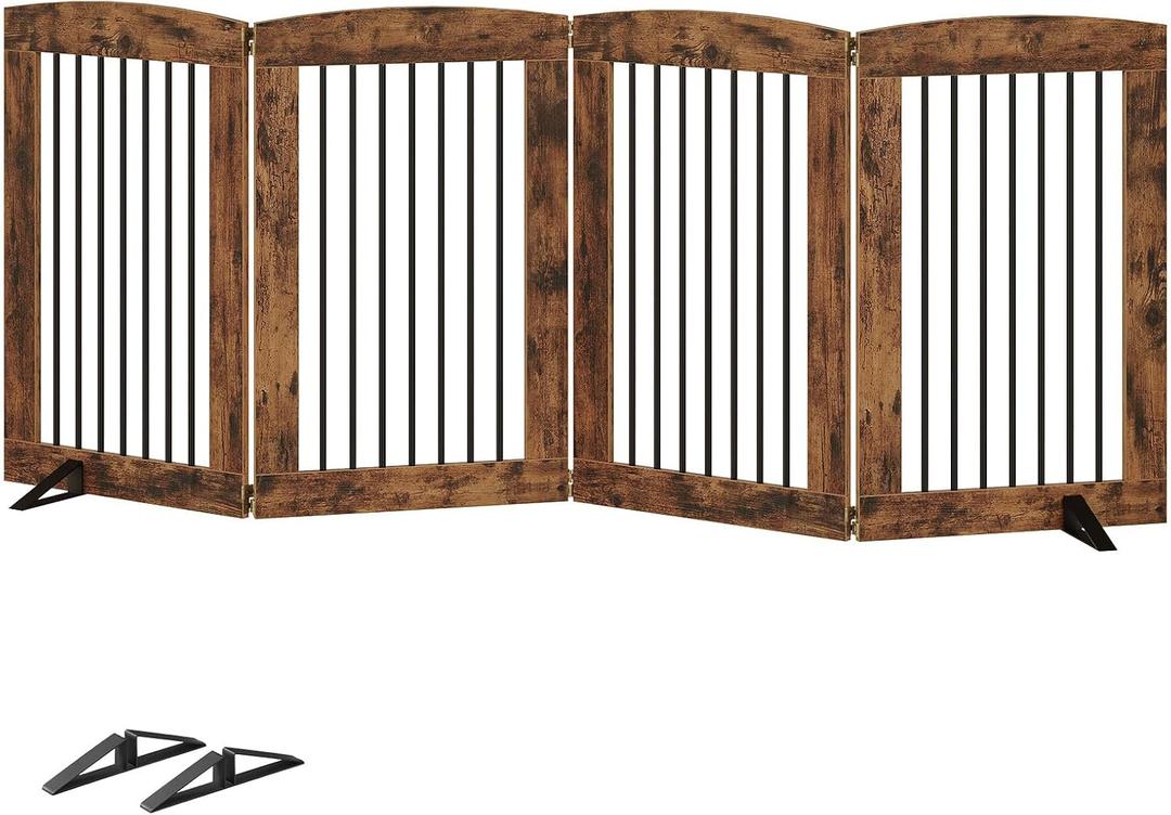 HOOBRO Indoor Dog Gate with Support Feet, 31.5 Inch 4 Panels, Freestanding Pet Gate for Doorway, Stairs, Folding Dog Fence, 360 Hinge for Easy Access, Sturdy Iron Pipe, Rustic Brown BF64PP03