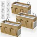 2pcs 3-pockets Large Wall Hanging Organizer Bag, Linen Fabric Door Hanging Storage Baskets with Pockets, Waterproof Bin for Kitchen, Bedroom, Office, RV Camper (Khaki-3pcs)