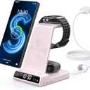 Wireless Charger for Samsung Charging Station with Clock for Samsung Galaxy S25 Ultra/S24 Ultra/Z Flip 6/5/Fold 5/Bud 2, 3 in 1 Charging Station Watch Charger for Samsung Galaxy Watch 7/6/5Pro(Pink)