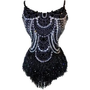 Yoyomomozi Glitter Sequins Fringe Bodysuit Pole Dance Leotard Sexy Party Birthday Club Celebrate Stage ​Performance Costumes (Black, One Size)