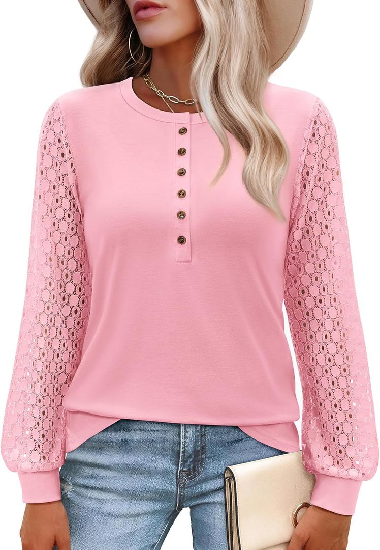 Siliteelon Womens Long Sleeve Lace Tops Henley Shirts Eyelet Dressy Casual Blouses 2026 Fall Clothes Business Work Tunics