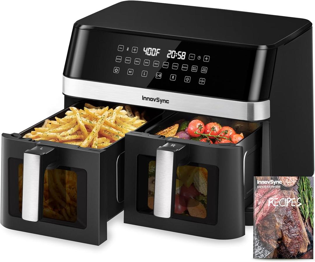 12QT Large Dual Air Fryer, 10-in-1 Double Zone Airfryer with 26QT Baskets, 60 Easy-Panel with Full Touchscreen, SyncCook Function, Viewing Window, Nonstick & Dishwasher Safe, 2 Dishes at Once, Black