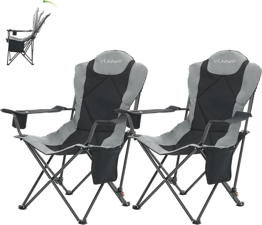 Camping Chairs, Portable 2 Pack Camp Chairs for Heavy People with Adjustable Angled Backrest, Outdoor Folding Camping Chairs for Outside Supports up to 350lbs, Carry Bag Included