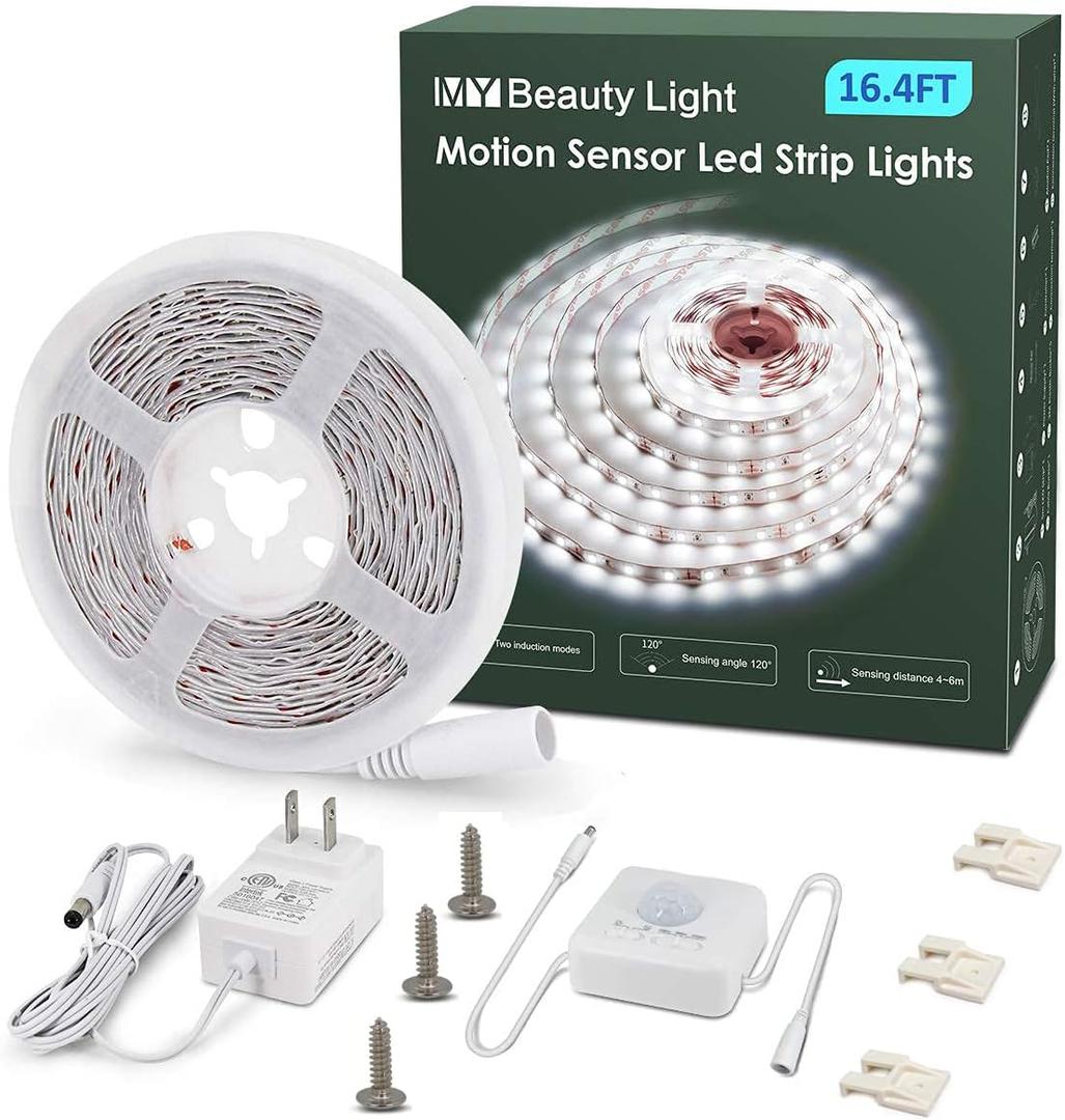 MY BEAUTY LIGHT Motion Activated LED Strip Lights, 16.4ft LED Light Strip with Day or Night 2 Lighting Modes, 3 Timing Off Modes, Bright White 12v Plug-in LED Rope Lights for Under Cabinet, Kitchen