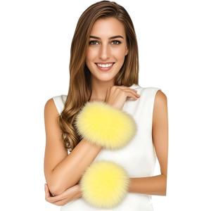 Lina & Lily Women's Winter Wrist Cuffs Warmers Faux Fur Fluffy (Light Yellow)