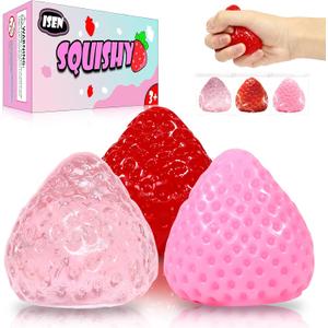 3Pcs Big Taba Strawberry Squishies, Cute Fruit Squeeze Stress Relief Toys, Upgrade Kawaii Sticky Fidget Toys, Party Favors & Birthday Gifts for Kids Ages 4-8, 8-12 Girls Boys