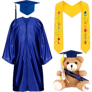 Unittype 4 Pcs Preschool Graduation Gown Cap with Tassel Graduation Stole Stuff Plush Bear Set for Kids Graduation Gifts (Dark Blue)