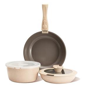 ZHANG XIAO QUAN SINCE 1628 Pots and Pans - 6PCS Aluminium Non Stick Cookware Set, Taupe, Oven Safe, PTFE/ PFAS/ PFOA Free, Detachable Handle