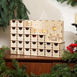 Nuanchu Lighted Christmas Wooden Advent Calendar with 24 Drawers DIY Empty Advent Calendars to Fill Countdown to 2025 Christmas Reusable Nativity Scene Decor Make Your Own Gifts Box for Xmas Adults