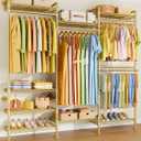 ULIFHOME M6 Clothes Rack for Wall Mounted, Heavy Duty Closet Wardrobe System with 8 Shelves and 4 Hanger Rods, 68.5" W x 11.8" D x 86.6" H Clothing Storage Organizer for Holding 1064lbs, Gold