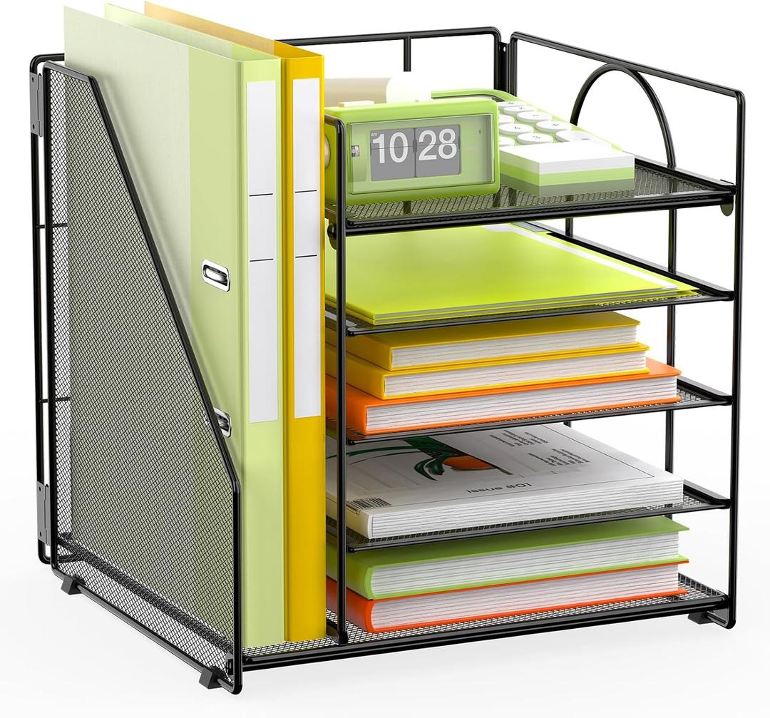 5 Tier Desk Organizer with Vertical File Holder, Desktop File Organizer for Office Home School, Black