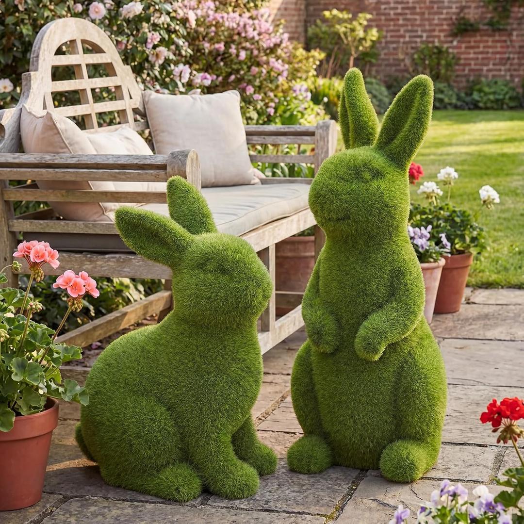 Vicenpal 2 Pcs Large Easter Moss Bunny Statues 14.1/15.7 Inches Large Green Flocked Resin Easter Bunny Figurines Decoration Faux Moss Rabbit Statues for Yard Outdoor Decor Garden Balcony
