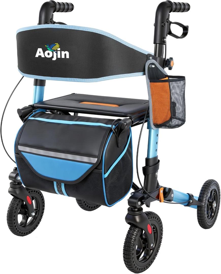 Aojin Rollator Walker for Seniors, Lightweight Foldable All Terrain Rolling Walker with seat, Aluminum Walkers (Blue)