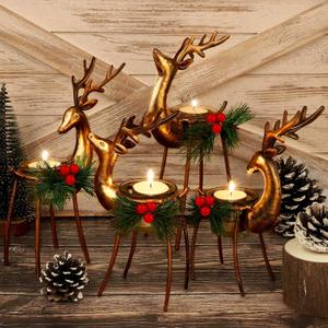 MCEAST 4 Pieces Reindeer Tealight Candle Holders Standing Iron Metal Christmas Decorations with 4 Sizes Xmas Glass Votive Holders with Pine Cones Christmas Tabletop Centerpiece, Holiday Decoration