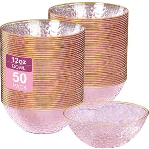 I00000 50 Pack 12 Ounce Pink Plastic Bowls Serving Bowls Hammered Clear Bowl with Gold Rimmed, Heavy Duty Disposable Bowl Set,Small Bowls for Wedding Party