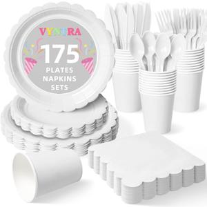 Vyntra 175 Pcs White Disposable Paper Plates and Napkins Set for 25, 9" Dinner Plates & 7" Dessert Plates, Tableware for Wedding, Bridal Shower, Birthday, Party