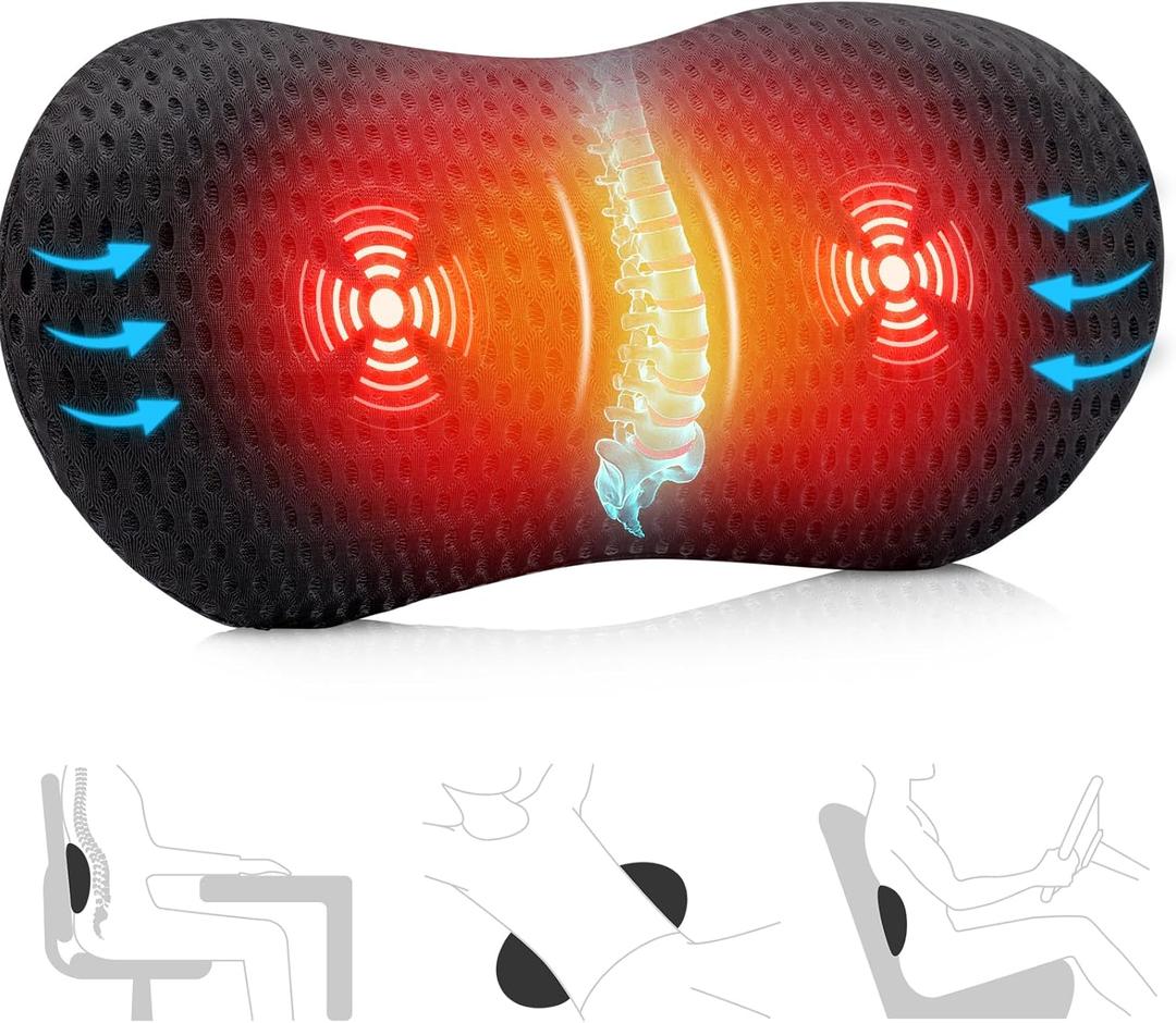 Lumbar Support Pillow for Office Chair, Vibrating Lumbar Pillow with Heat for Lower Back Pain Relief, Memory Foam Back Support for Car, Bed, Gifts for Mom Dad Women Men