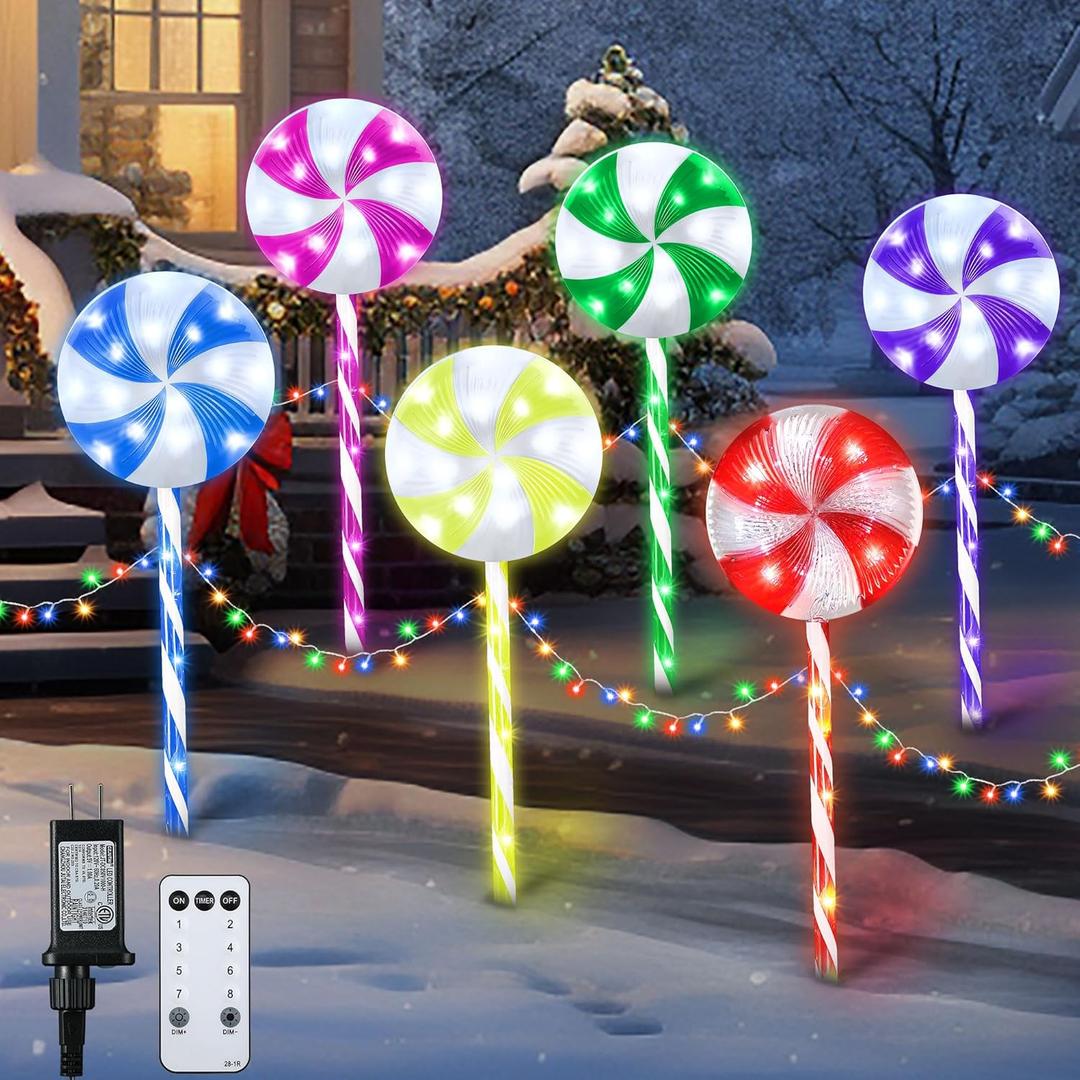 Lollipop Christmas Pathway Lights Outdoor, 6 Pack 29 Inch 160 LED Pathway Markers Lights with Stakes, Lighted Candy Cane with 8 Light Modes for Xmas Walkway Decor(Multicolor)