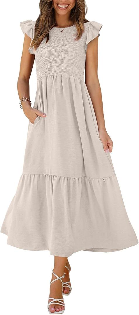 OFEEFAN Women's Casual Maxi Dresses with Pockets Ruffle Sleeve Smocked Dress XXL