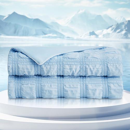 Cozy Bliss Cooling Comforter Seersucker Plaid Twin Size, Q-Max 0.45 Lightweight Cooling Blanket, Breathable Silk Smooth Summer Bedding Quilt for Hot Sleepers Night Sweats Blue